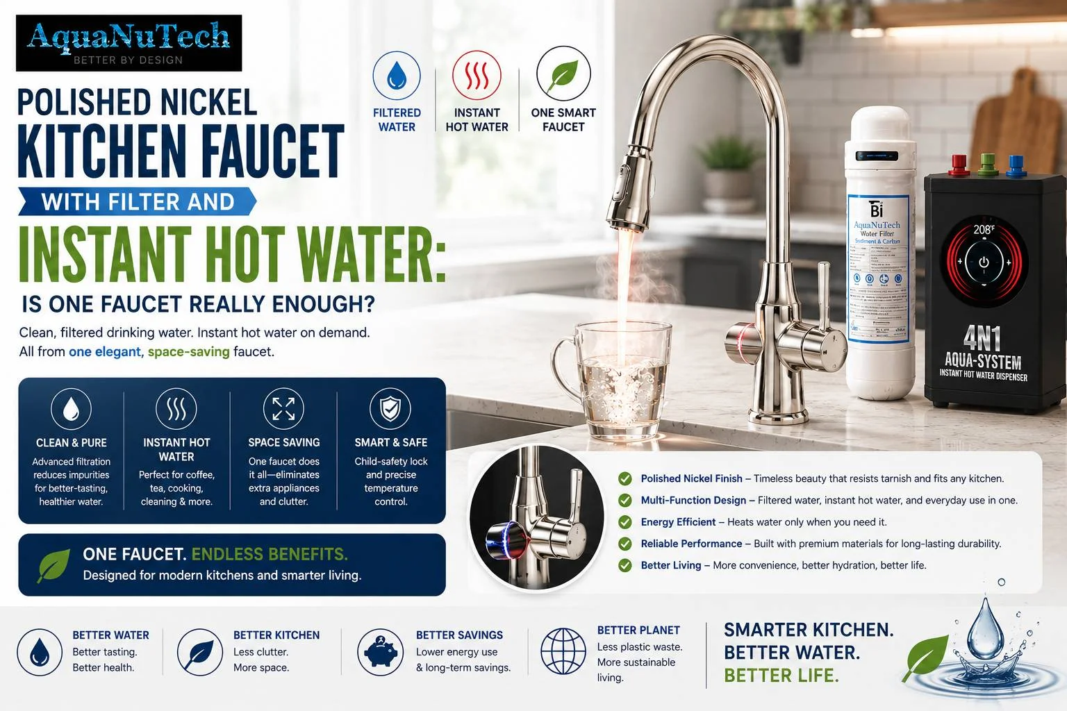 Polished Nickel Kitchen Faucet with Filter and Instant Hot Water: Is One Faucet Really Enough?
