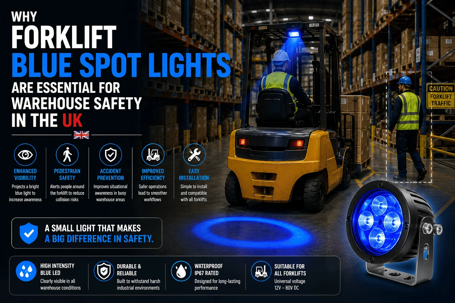 Why Forklift Blue Spot Lights Are Essential for Warehouse Safety in the UK