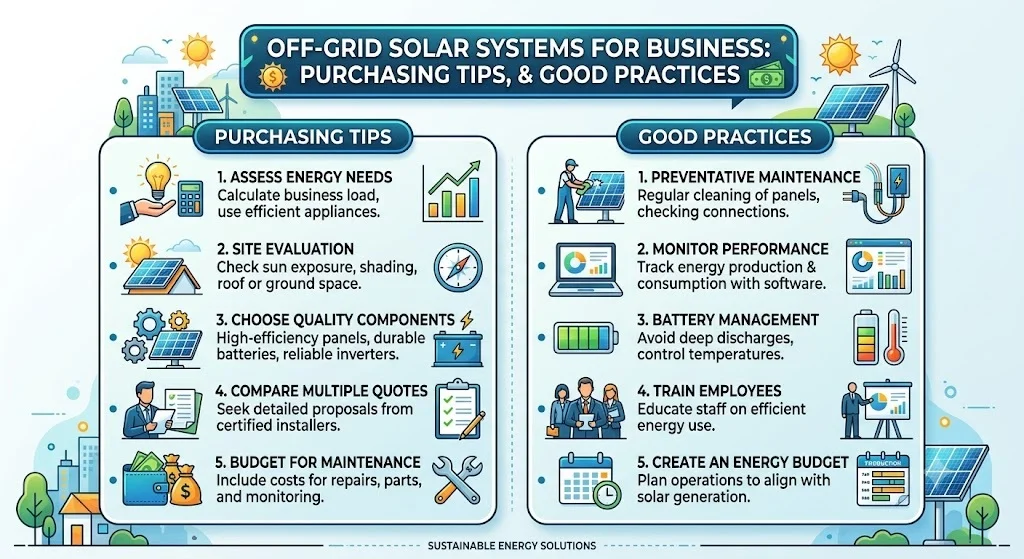 Off-grid solar systems for business: Purchasing tips, & Good practices